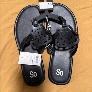 SO Black Laser-Cut Slide Sandals